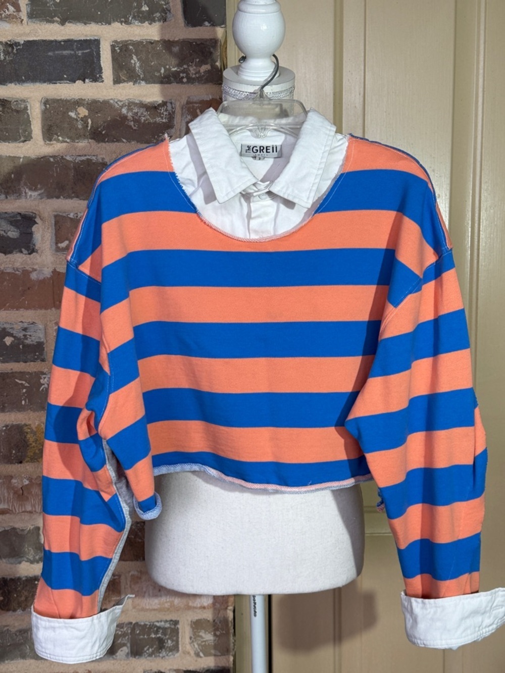 The Greii Striped Cropped Sweatshirt in Coral & Royal Blue Shirt Collar Layer